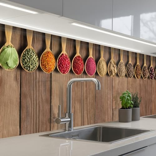 KitchenYeah© Paraschizzi Cucina Adesivo Pannello Parete Paraspruzzi | 60x200 cm - Rivestimento Cucchiai - Erbe aromatiche - Legno