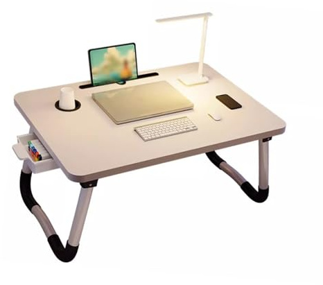 OVAQUIXI Bettschreibtisch, Faltbar, Tragbar, Laptop-Tisch, Tablettständer mit Getränkehalter, Schublade für Sofa, Lesen, Essen, Multifunktional, Ideal Zum Arbeiten, Lernen, Schreiben Im Bett, Weiß