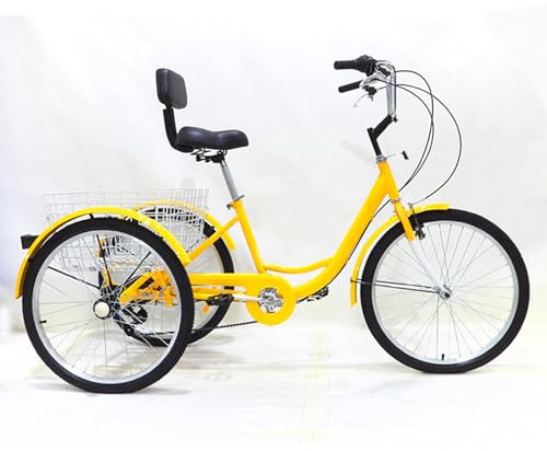 BoluDukNN Dreirad Für Erwachsene, 24-Zoll-Dreirad Mit 3 Rädern, 7-Gang, Dreirad-Cruiser-Fahrrad Mit Korb, Zum Einkaufen/Erholung/Picknick Yellow