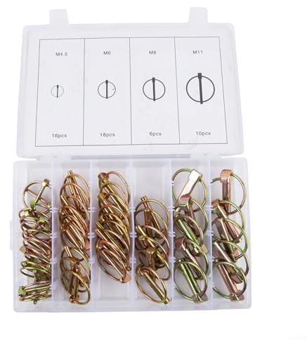 HEBEOT Heavy Duty Safety Pin Assortment Kit 50 Pieces 4 Sizes for Agricultural Tractors Trailers and Lawn Mower Accessories with Locking Ring and Compact Storage Box D