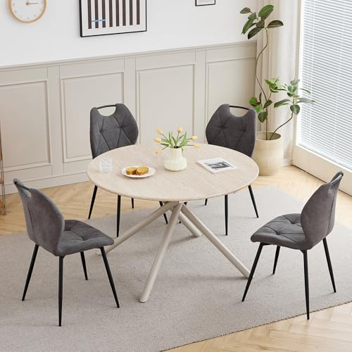 HJhomeheart Esszimmer-Set Mit Tisch und Stühlen, 115 cm Runder Tisch und 4 Mit Leinen Bezogene Esszimmerstühle, Geeignet für Küche, Wohnzimmer und Esszimmer (Hellgelb + Grau)