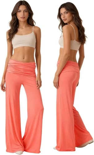 Coral Fold Over Yoga Pants Damen, Weite Lounge Hose Mit Raffung, Loose Fit Uni Corals Pants Coral Fold-Over-Yogahose,Korallfarbene Faltenhose, Weite Palazzo Hose Mit Hohem Umschlagbund