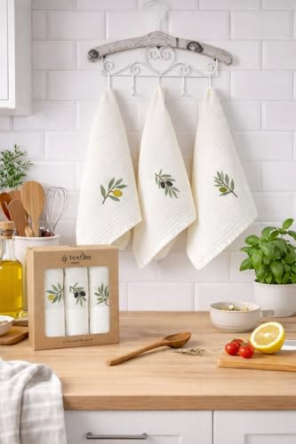 textile idea – Geschenkset aus 3 Geschirrtüchern 40x60cm, 100% Baumwolle, weich, schnelltrocknend und saugfähig, ideal als Einweihungsgeschenk – 3 STK. Oliven Design