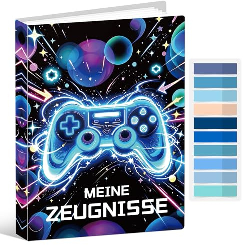 Zeugnismappe Jungen mit 40 Klarsichthüllen A4, Dokumentenmappe A4 für Urkunden & Zeugnisse, Urkundenmappe im Gaming-Design, Cooles Einschulungsgeschenk für Jungen