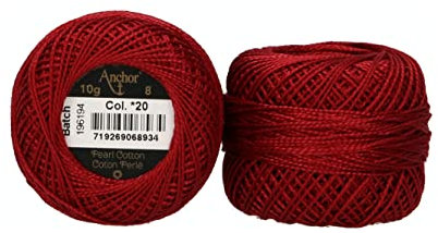 Anchor 4591008-00020 Stickgarne, 100% Baumwolle, weinrot, Stärke 8, 82m, 16 Gramm