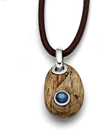 DUR Anhänger Holzkiesel oval aus echtem Treibholz | Bernstein/Kyanit/Perle/Lavasand | 925 Sterling Silber | Unikat Damen-Schmuckstück