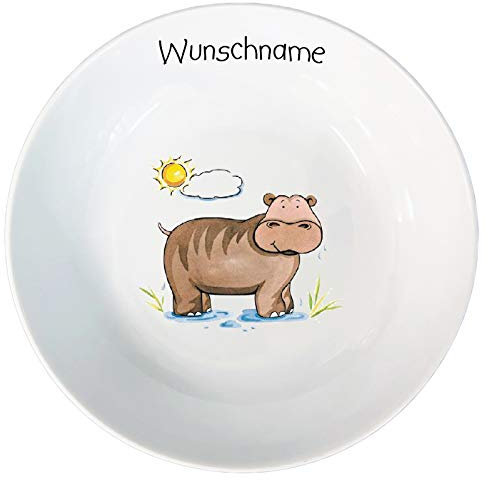 Doriantrade Kinder Müslischale Breischale Schale Porzellan Tiermotive personalisierbar mit Wunschname Name Kindergeschirr mit Namen personalisiert (Nilpferd)