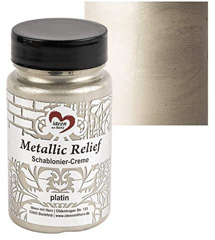 Ideen mit Herz Schablonier-Creme Metallic Relief | feine Strukturpaste | Schablonierfarbe | Schablonierpaste | 90 ml | auf Wasserbasis (platin)