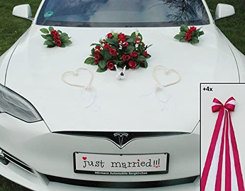 ECHTER ROSESTRAUSS Autoschmuck Braut Paar Rose Deko Tauben Herze Dekoration Hochzeit Car Auto Wedding Deko (Pink + Herzen + Tauben)