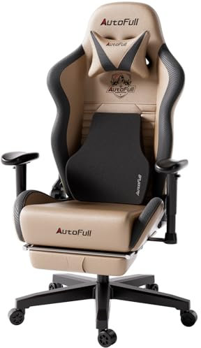 AutoFull C3 Gaming Stuhl, Ergonomisch Gaming-Stuhl mit Lordosenstütze, Höhenverstellbar & Neigungsfunktion, Gaming Stühle mit Fußstütze, 150 kg Belastbarkeit, Rennsitzdesign PU Leder (Braun)
