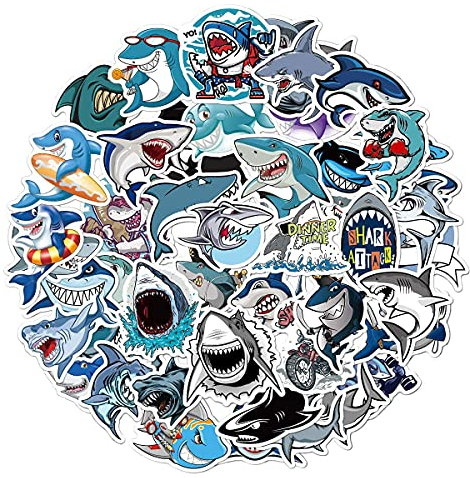 50 Stück Hai Stickers Aufkleber Shark für Kinder Junge, Wasserdichte Vinyl Stickers Set für Wasserflaschen, Fahrrad, Roller, Helm, Notebook, Kindergeburtstag