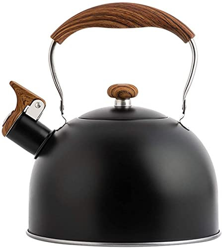 Flötenkessel mit Holzmasergriff, 2.5L Moderne Wasserkessel Induktion,Edelstahl Pfeifkessel, Teekanne mit Griff,Wasserkocher Für Küche Camping Gasherd (Schwarz)
