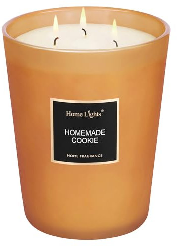 HomeLights Duftkerzen, 944 g, großes Glas, natürliche Soja-Kerzen, 3 Baumwolldochte, rauchfrei, langlebig, 130 Stunden, Aromatherapie-Kerze, Geschenk für Frauen & Männer, hausgemachter Keks