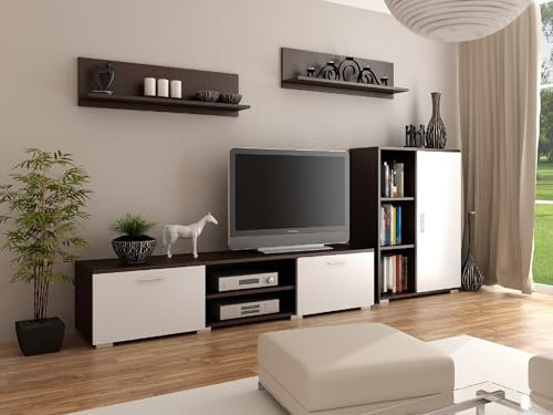 Per la vita Schrankwand Weiß Wenge Szopen – Modernes Regalwohnzimmer Set in Weiß/Wenge - Möbel Modern mit integriertem Wohnzimmerschrank, TV Schrank, Sideboard & Wandregal
