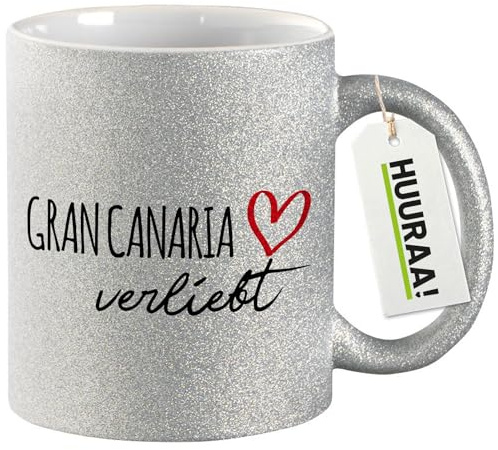 Huuraa Glitzertasse Gran Canaria verliebt Geschenk | Motivtasse 330ml Glitzer Tasse mit Spruch Silber Keramik Kaffeebecher Geschenkidee Silver Glitter Becher mit Motiv