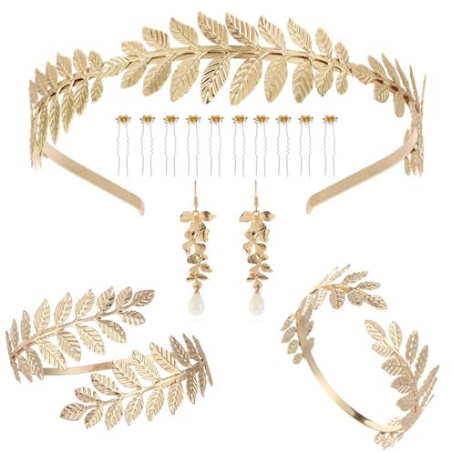 TOFBS Schmuckset für Damen Griechische Göttin Lorbeerblätter Krone Tiara Haarkamm Manschette Oberarm Armbänder Anhänger Ohrringe Braut Geschenke Schmuck