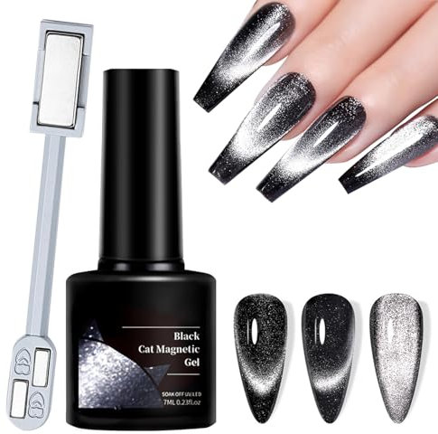 9D Cat Eye Gel Nail Polish, Black Magnetic Glitter Effect, Black Glitter Gel Nail Polish, Soak-Off UV LED Gel Polish for DIY Manicures and Professional Nail Art Designs, Long-Lasting and Easy to Apply