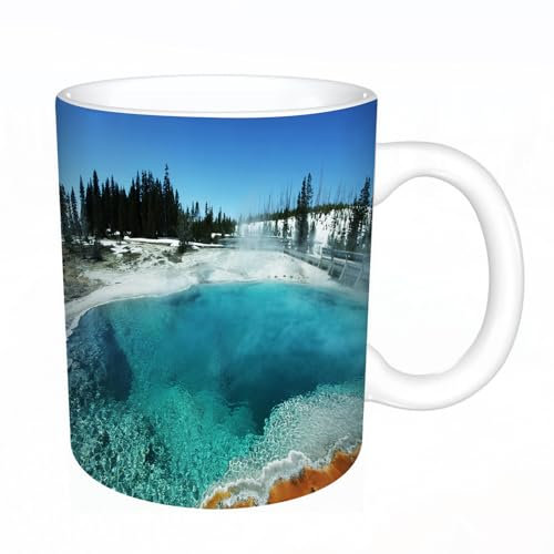 YFHJV Grosse Kaffeetasse - Bürotasse - Tasse Keramik Kaffeetassen Große 11oz - teetasse groß - cappuccino tassen - Yellowstone-Set, heiße klare Quelle und immergrüner Wald im verschneiten Yellowstone