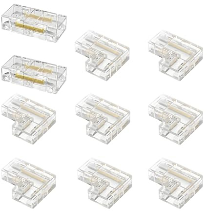 LED Streifen Verbinder, 2 Stück 2 Polig 8mm Breite Transparent Gapless LED Eckverbinder Und 8 Stück L Form Strip Schnellverbinder Verbinder Installation Ohne Löten Strip Connector für COB 12V/24V