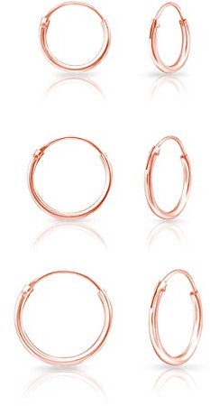 DTPsilver® 3 Paires de Boucles d'oreilles MINI Créoles en Argent Fin 925 Plaqué Or Rose - Épaisseur 1.5 mm, Diamètre 10, 12, 14 mm