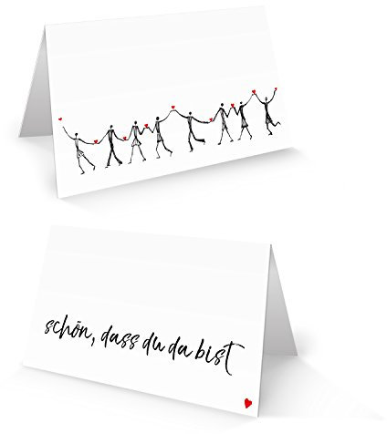 Logbuch-Verlag 50 weiß schwarze Tischkarten SCHÖN DASS DU DA BIST Herzmensch Sitzkarten Hochzeit Deko Namensschilder rot Herz