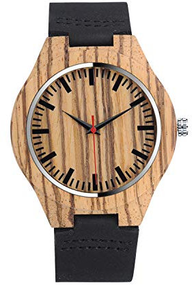Unendlich U Herren Damen Unisex Einfach Bambus Holzuhr Analog Quarzwerk Armbanduhr Schwarz Lederband Für Frauen Männer Ehemann Geschenke