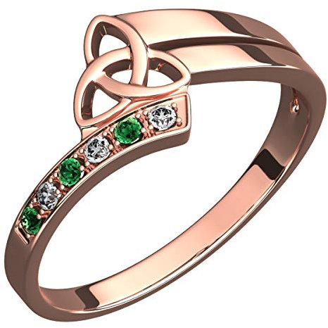 GWG Jewellery Ring Keltisches 18K Roségold vergoldetes Triquetra Dreifaltigkeitsknoten mit grünen Steinen verziert – 5 in Geschenkbox für Frauen