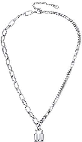 FOCALOOK Damen Collier Edelstahl Vorhängeschloss Anhänger Halskette Asymmetrische Panzerkette & Ankerkette trendige Modeschmuck Accessoire für Mädchen Geburtstag Valentinstag