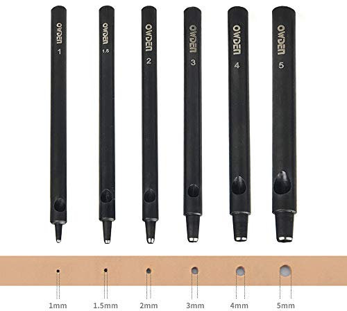 OWDEN Professionelles Lochstanzer-Set aus Leder, Größe 1,0–5,0 mm, Schwarz, Stahl, manuell, 6 Löcher, inklusive Mini-Schneidematte, 6-teilig
