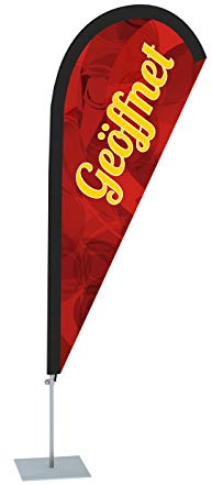 Vispronet Beachflag - Geöffnet versch. Farben ✓ versch. Halterungen ✓ Tropfenform ✓ Höhe 2,04 m ✓ Indoor & Outdoor (mit Bodenplatte, Rot-Gelb)