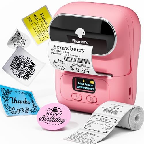 Phomemo M110 Tragbarer Etikettendrucker Beschriftungsgerät Selbstklebend, Labeldrucker Bluetooth Thermo Etikettendrucker Label Maker,für Barcode,Einzelhandel,Foto,Kleidung,für Android & iOS -Rosa