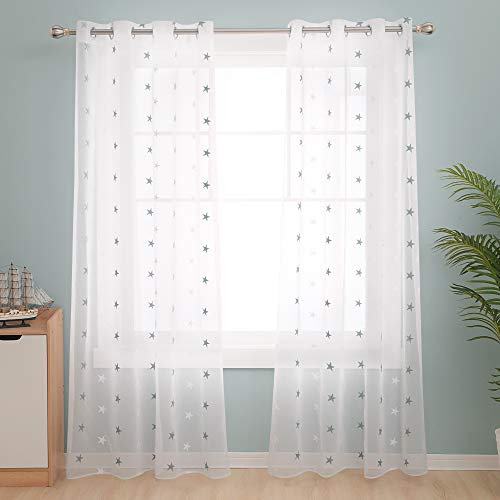 Deconovo Stores Gardinen Vorhang Transparent Ösen Vorhänge Kinderzimmer Dekosachals Leinenoptik Stern, 245x140 cm(HöhexBreite), Blaugrün, 2er Set