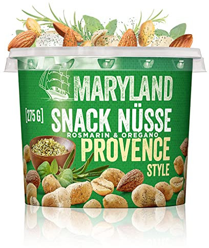 Maryland Snack Nüsse Provence 275g Becher – Mediterran gewürzte Nussmischung mit gerösteten Erdnüssen, Cashewkernen und Mandeln – Würze aus Rosmarin & Oregano (1 x 275g)