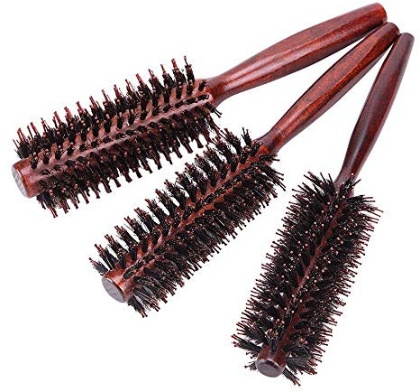 POFET Rundbürste mit Wildschweinborsten, Holzgriff, antistatisch, für Damen und Herren, zum Glätten und Locken, für nasses und trockenes Haar, 3 Stück