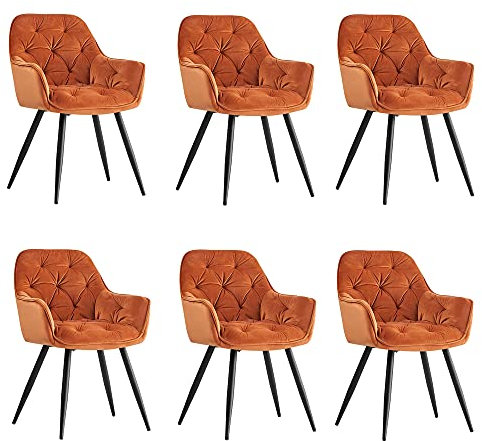 JaHECOME Lot de 6 Chaise de Salle à Manger Fauteuil, Siège en Velours Chaise de Salon, l'Assise Rembourré avec Dossier Tissu, Pieds en Métal Noir pour Cuisine, Chambre, Salle à Manger,Orange