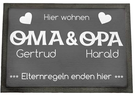 Fußmatte personalisiert Oma und Opa | Geschenk Oma und Opa Geburtstag | Elternregeln Enden Hier | Fussmatte mit Personalisierung | Schmutzfangmatte innen | Geschenkidee Großeltern | 75x50cm mit Rand