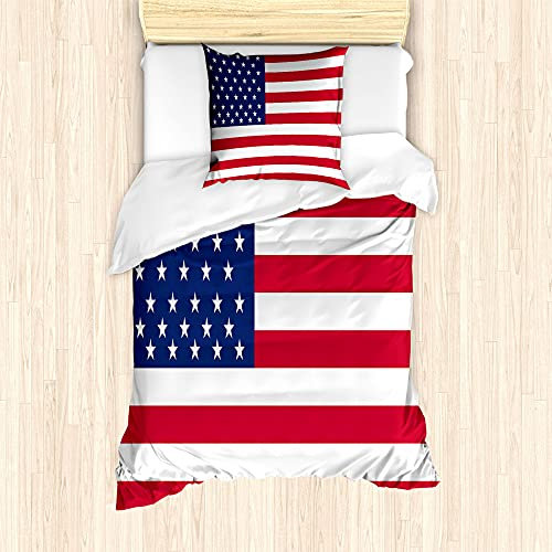 ABAKUHAUS 4. Juli Bettbezug Set für Einzelbetten, USA Flag Illustration, Milbensicher Allergiker geeignet mit Kissenbezug, Dunkelrosa Lavendelblau