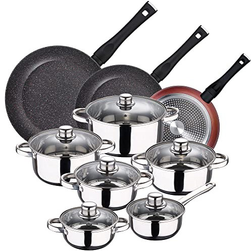 PACK DE 3 SARTENES Ø20/24 y 28 cms + BATERÍA DE COCINA DE 12PC EN ACERO INOXIDABLE