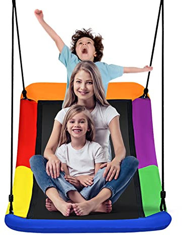 DREAMADE Balançoire Nid d'Oiseau Rectangulaire pour Enfants et Adultes, Hauteur Réglable 100-180CM, Tissu avec Deux Sangles, Multitude de Méthodes de Suspension, 155 x 83 cm
