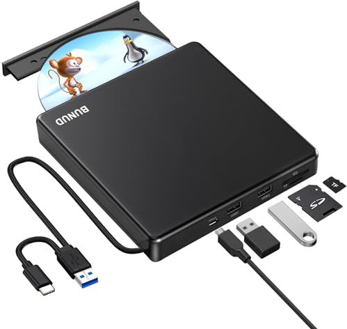 BUNUD Lecteur CD DVD Externe USB 3.0 Type-C Lecteur CD Externe avec 2 USB et Fente SD/TF, Portable Lecteur Graveur CD DVD Externe pour PC Mac MacBook Pro Air Windows 11/10 Apple iMac Laptop