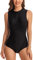 FEOYA Frauen Rash Guard Ärmellos Einteiliger Badeanzug Sonnenschutz Surfen Bademode Zip Front Wetsuit Badeanzug Neoprenanzug Athletische Surf Bademode Badeanzug Schwarz M