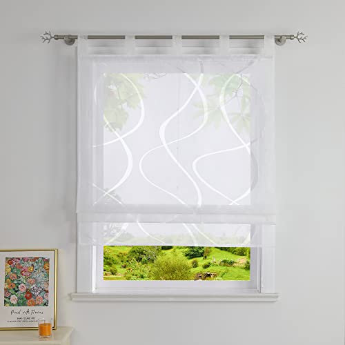 Heichkell Ausbrenner Raffrollo Raffgardine mit Schlaufen Transparent Vorhang Rollo ohne Bohren Schlaufenrollo Modern Weiß BreitexHöhe 80x140 cm