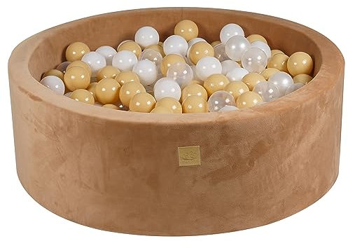 MEOWBABY Bällebad Baby - Rund 90x30cm Baby Pool für Kinder mit 200 Bälle, Supersoft Samt, Karamell: Weiß/Transparent/Beige