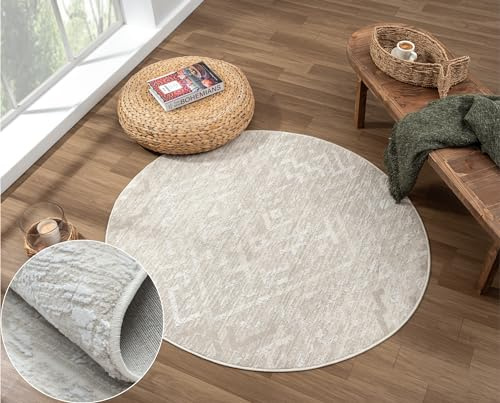 MY-RUG Teppich Elisa 2 rund Cream 120 x 120 cm Runder Esszimmerteppich in kurzflor, Badezimmerteppich in Beige Grau meliert für das Wohnzimmer