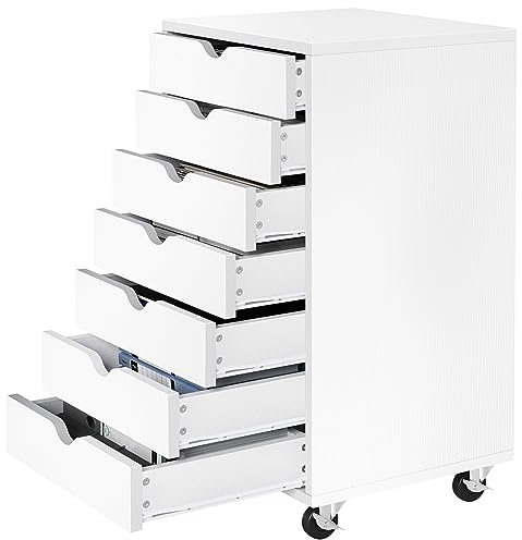 YITAHOME Rollcontainer mit 7 schubladen, Mobiler Aktenschrank mit Riemenscheibe, Schubladenkommode für Zuhause Büro, Bürocontainer Schubladenschrank Rollschrank Rollwagen für A4 Papier (weiß)