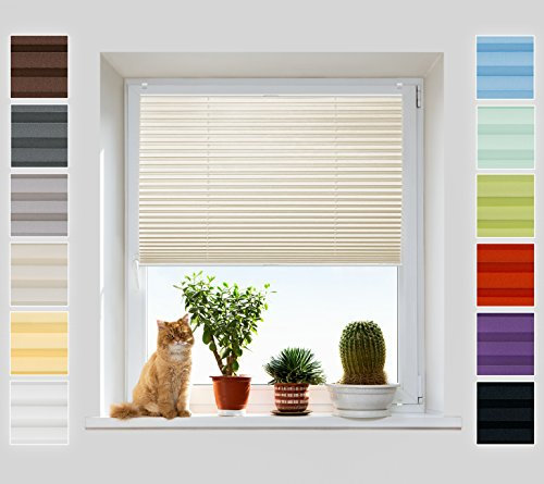 Plissee Rollo ohne Bohren - Jalousie mit easyfix Metall Klemmträger | SUPER Pearl Stoffkollektion | Leicht zu montieren | Faltrollo Sichtschutz, Sonnenschutz, Fenster - [Creme, 85 cm x 120 cm]