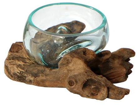 Wogeka Ciotola in vetro Ø 7 – 8 cm su radice – Ciotola decorativa realizzata a mano in vetro e legno naturale – Moderno accessorio per la casa come decorazione da tavolo XS