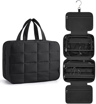 BAGSMART Hanging Toiletry Bag with Jewellery Compartment, Travel Bag for Toiletries, Puffy Makeup Cosmetic Organiser, Carry-on Travel Accessories Essentials, Black-L
