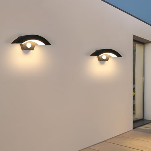 Aplique Pared Exterior LED 2 Piezas, 12W Moderno Aplique con Sensor de Movimiento, IP65 Impermeable Lampara Exterior, Applique Murale Negro para Jardín, Porche, Garaje, Camino, 3000K Luz Calida