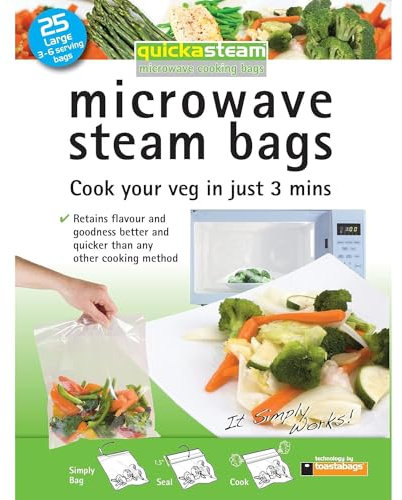 AMK® Toastbags Quickasteam Microwave Steam Bags Large 25 Pack Vegetables Fish Poultry Cooking Steaming Retains Nutrients Healthy Fast
